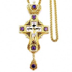 Хрест для священнослужителя латунний позолочений з принтом, вставками та ланцюгом