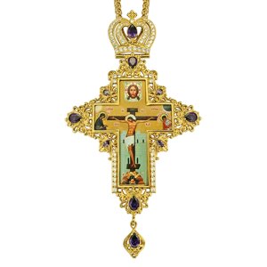 Наперсний хрест в позолоті з латуні з прикрасами і з ланцюгом 2.7.0201лп