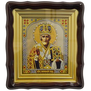 Ікона "Микола Чудотворець" письмо по склу з каміннями Саровські