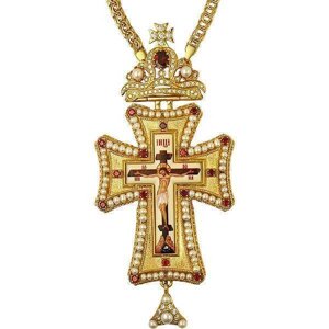Хрест із ланцюгом для священнослужителя з перлами позолочений