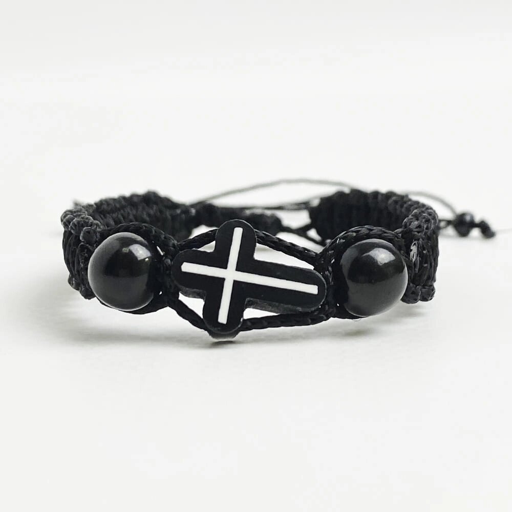 Плетенний чорний браслет с крестом з гагата від компанії Іконна лавка - фото 1
