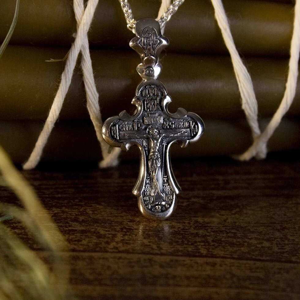 Срібний хрест з образом Ісуса Христа та Богородиці від компанії Іконна лавка - фото 1