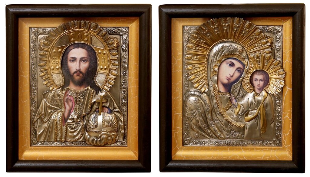 Вінчальна пара "Спаситель і Богородиця" в мідному окладі і дерев'яній рамі від компанії Іконна лавка - фото 1