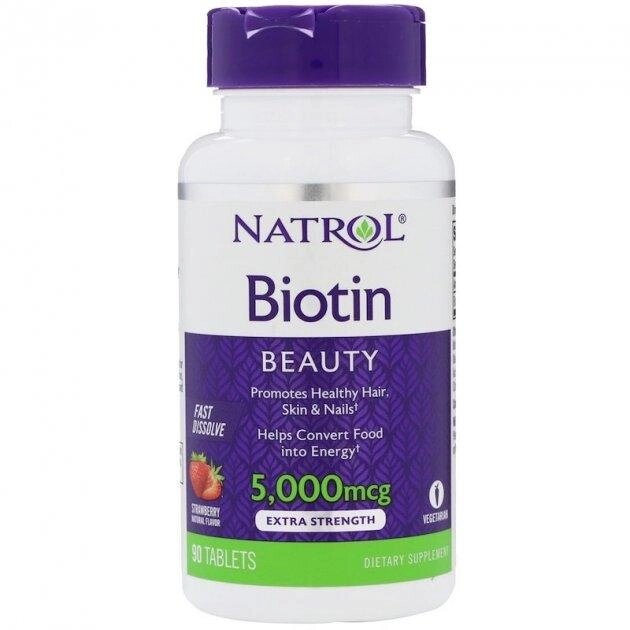 Біотин (Biotin) Natrol, 5000 мкг, 90 таблеток, із полуничним смаком від компанії Інтернет магазин "Канбан" - фото 1
