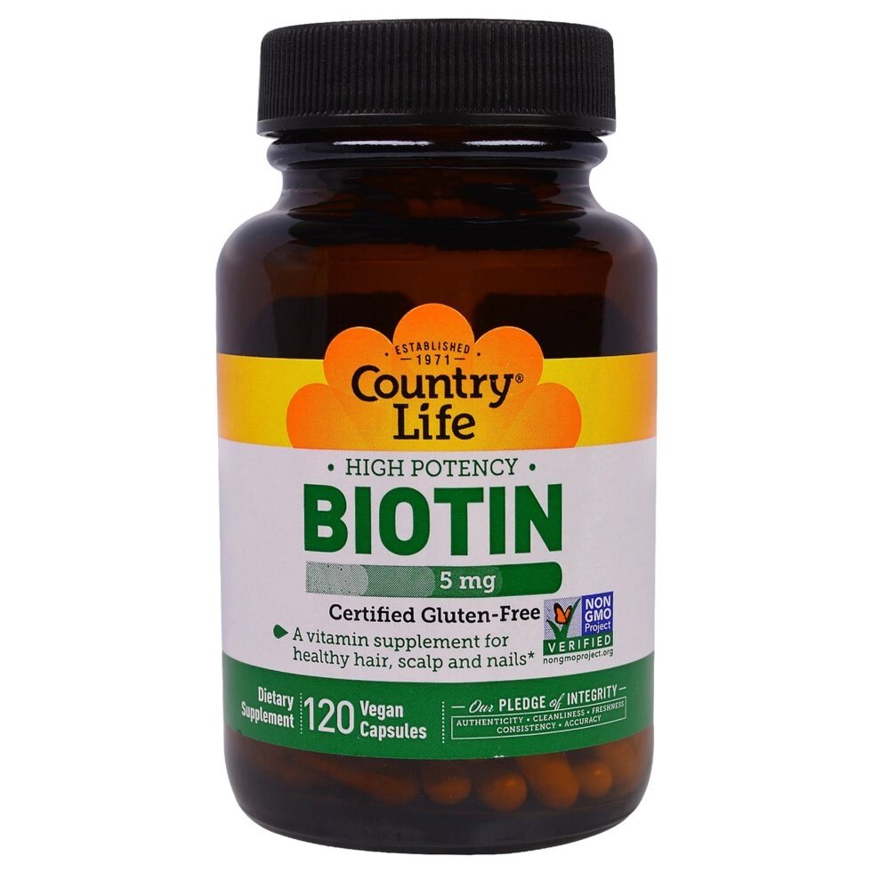 Биотин Country Life, высокая эффективность, 5 мг, 120 веганских капсул від компанії Інтернет магазин "Канбан" - фото 1