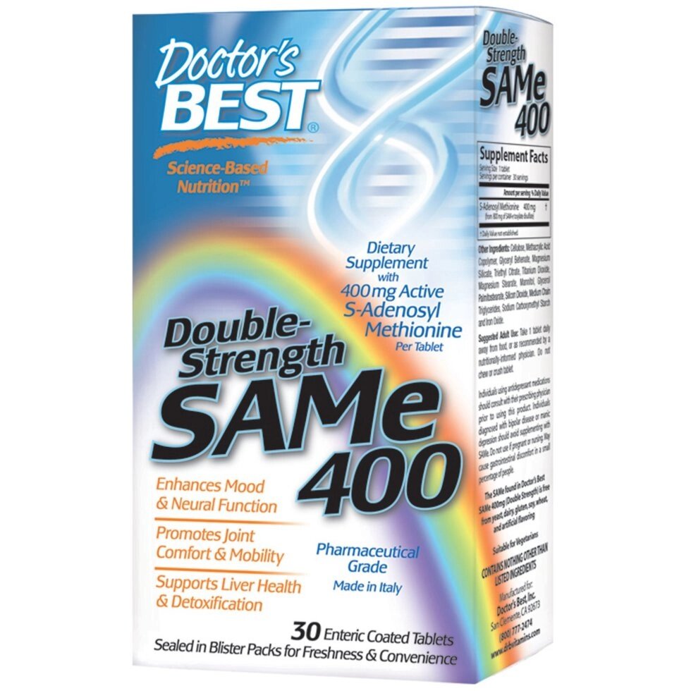 Doctor's Best, SAM-e (S-Adenosyl-L-Methionine) 400, Подвійна сила, 30 таблеток від компанії Інтернет магазин "Канбан" - фото 1