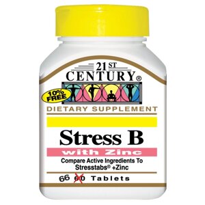 Комплекс вітамінів групи В, Stress B, 21st Century, з цинком, 66 таблеток