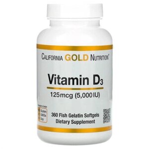 Вітамін D3, 5000 МО, 125 мкг, Каліфорнійський золото харчування, 360 капсули