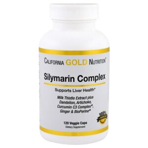 Силімарин, екстракт California Gold Nutrition з кульбабою і артишоком, 120 капсул. Зроблено в США.