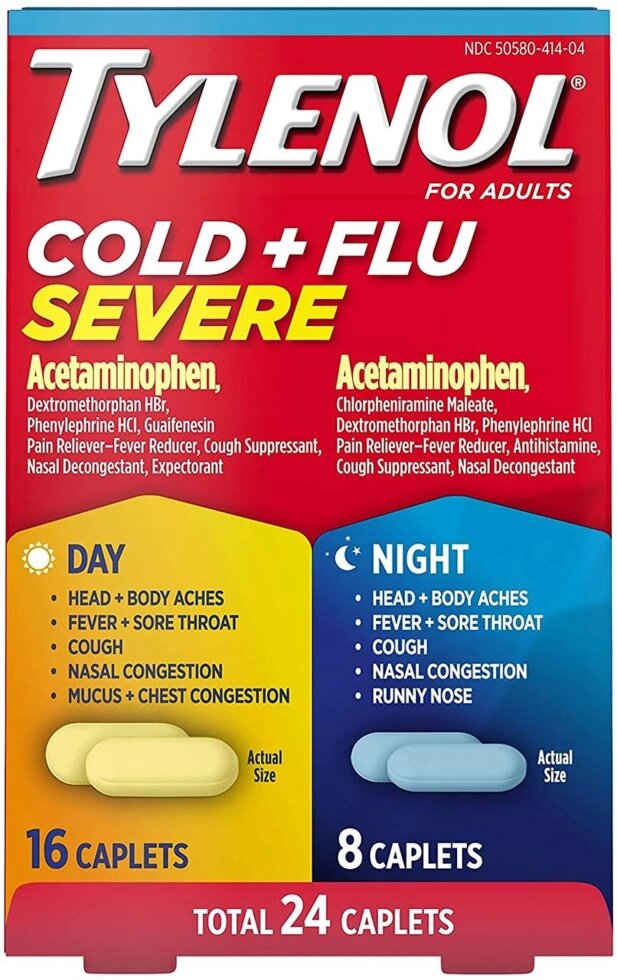 Средство от простуды и гриппа Tylenol Cold + Flu Severe Day & Night Caplets, 24 таблетки ##от компании## Интернет магазин "Канбан" - ##фото## 1