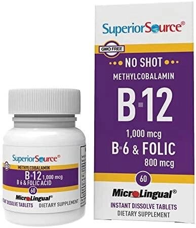 Superior Source, метилкобаламін (вітамін B12), 1000 мкг, B6 та фолієва кислота, 60 таблеток від компанії Інтернет магазин "Канбан" - фото 1
