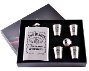 Похідний туристичний набір "Jack Daniels" 6в1: фляга з набойкой (обтягнута шкірою), 4 чарки, лійка.