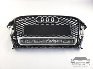 Тюнинг Решетка радиатора Audi A3 2013-2016год Черная (Рамка QUATTRO Серая в стиле RS)