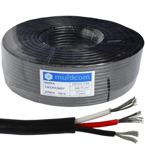 Кабель живлення в подвійній ізоляції 3x0,75 кв. мм Multicom круглий калюжений ССА чорний 100 м від компанії Радіопрофіль - фото 1