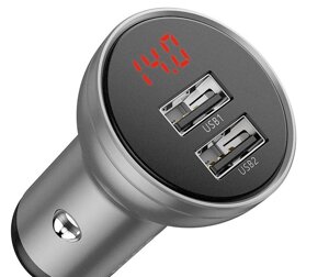 Адаптер автомобільний BASEUS Digital Display Dual USB 2 USB, 4.8 A, 24 W, сріблястий