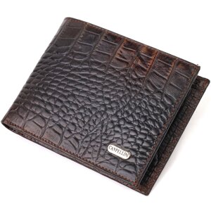Фактурний чоловічий гаманець без застібки горизонтального формату з натуральної шкіри з тисненням під крокодила
