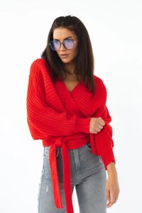 Короткий в'язаний светр з запахом і ременем QU STYLE - червоний колір, L (є розміри)
