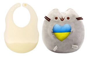 М'яка іграшка Pusheen cat S&T із серцем і напівпрозорий силіконовий слинявчик Бежевий (vol-10580)