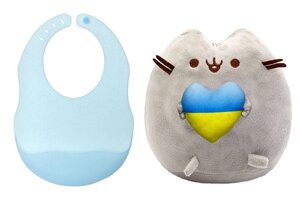 М'яка іграшка Pusheen cat S&T із серцем і напівпрозорий силіконовий слинявчик Блакитний (vol-10578)