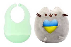 М'яка іграшка Pusheen cat S&T із серцем і напівпрозорий силіконовий слинявчик Зелений (vol-10581)