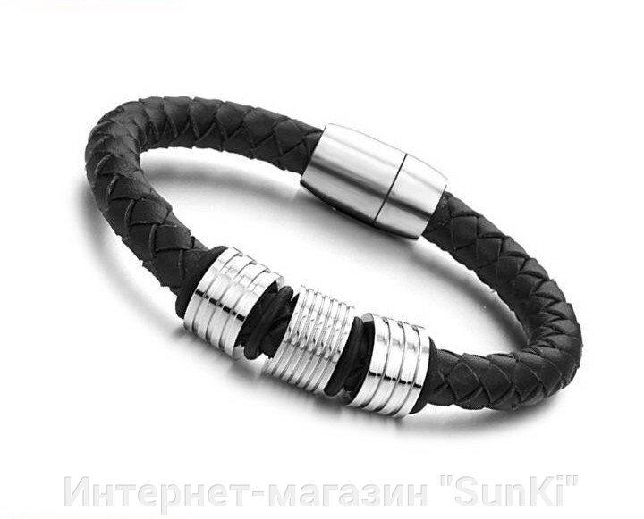 Чоловічий браслет SUNROZ Stainless Steel S690 Black на зручній застібці з натуральної шкіри PU 20 см - опт