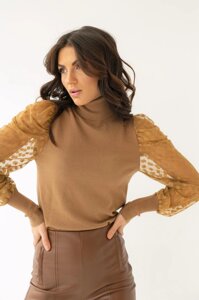 Розкішний светр з відкритими рукавами з прикрашеним друком горохом Jasmine - кольором кави, L (є розміри)