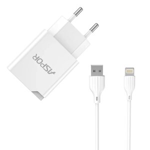 Мережевий зарядний пристрій Aspor A827 IQ (USB/2.4A) + кабель USB — Lightning-білий