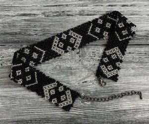 Традиційне українське намисто чокер із бісеру HatynkaUA Necklace в етностилі ручної роботи Black-Silver