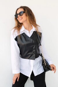 Жіноча сорочка з вставкою Eco -Leather BeRne - білим кольором, S (є розміри)