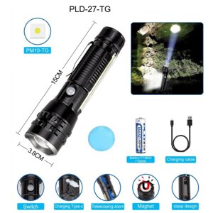 Ліхтар PLD-P27 WHITE LASER LED PM10-TG+COB, 1х18650, магніт, затискач, зу type-C, zoom, box