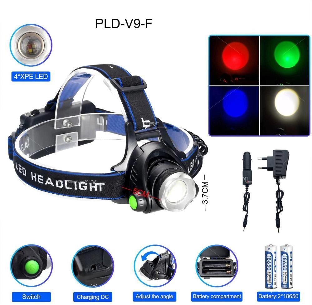 Ліхтар налобний PLD-V9-F-4XPE (RGB), 2x18650, ЗУ 220V/12V, zoom, Box від компанії Інтернет-магазин "Компот" - фото 1