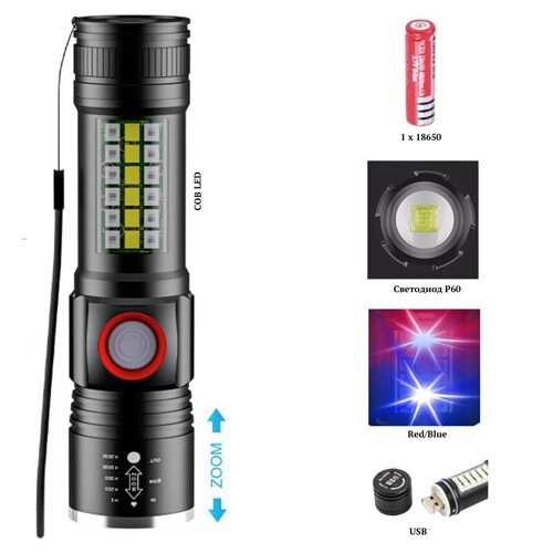 Ліхтар SY-1903C-P50+SMD+RGB, Alarm, Li-Ion акумулятор, ремінець, zoom, ЗУ USB від компанії Інтернет-магазин "Компот" - фото 1