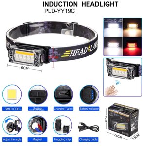 Ліхтар налобний YY-19С-5SMD+COB (white+yellow+red), Motion Sensor, Li-Ion акумулятор, ЗУ Type-C, магніт, Box