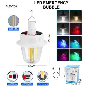 Світлодіодна LED лампа з акумулятором T38-COB+SMD (RGB), 2x18650, сонячна батарея, гачок, ЗУ Type-C