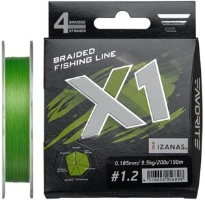 Шнур Favorite X1 PE 4x 150m (l. Green) # 1.2 / 0.185mm 20lb / 9.5kg