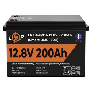 Акумулятор LP lifepo4 12V (12,8V) - 200 ah (2560wh) (smart BMS 100а) з BT пластик для дбж