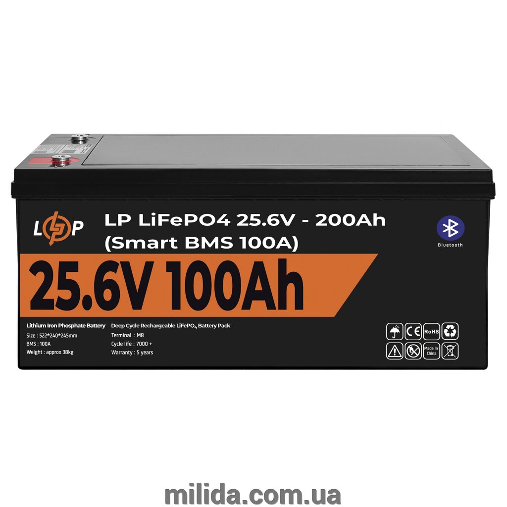 Акумулятор LP LiFePO4 24V (25,6V) - 100 Ah (2560Wh) (Smart BMS 100А) з BT пластик для ДБЖ від компанії інтернет-магазин "_Міліда_" - фото 1