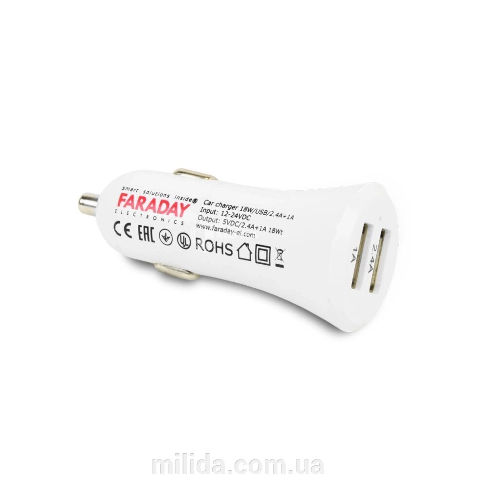 Автомобільний зарядний пристрій Faraday Electronics 18W/USB/2.4A +1 A car з 2 USB виходами 2.4А та 1А від компанії інтернет-магазин "_Міліда_" - фото 1