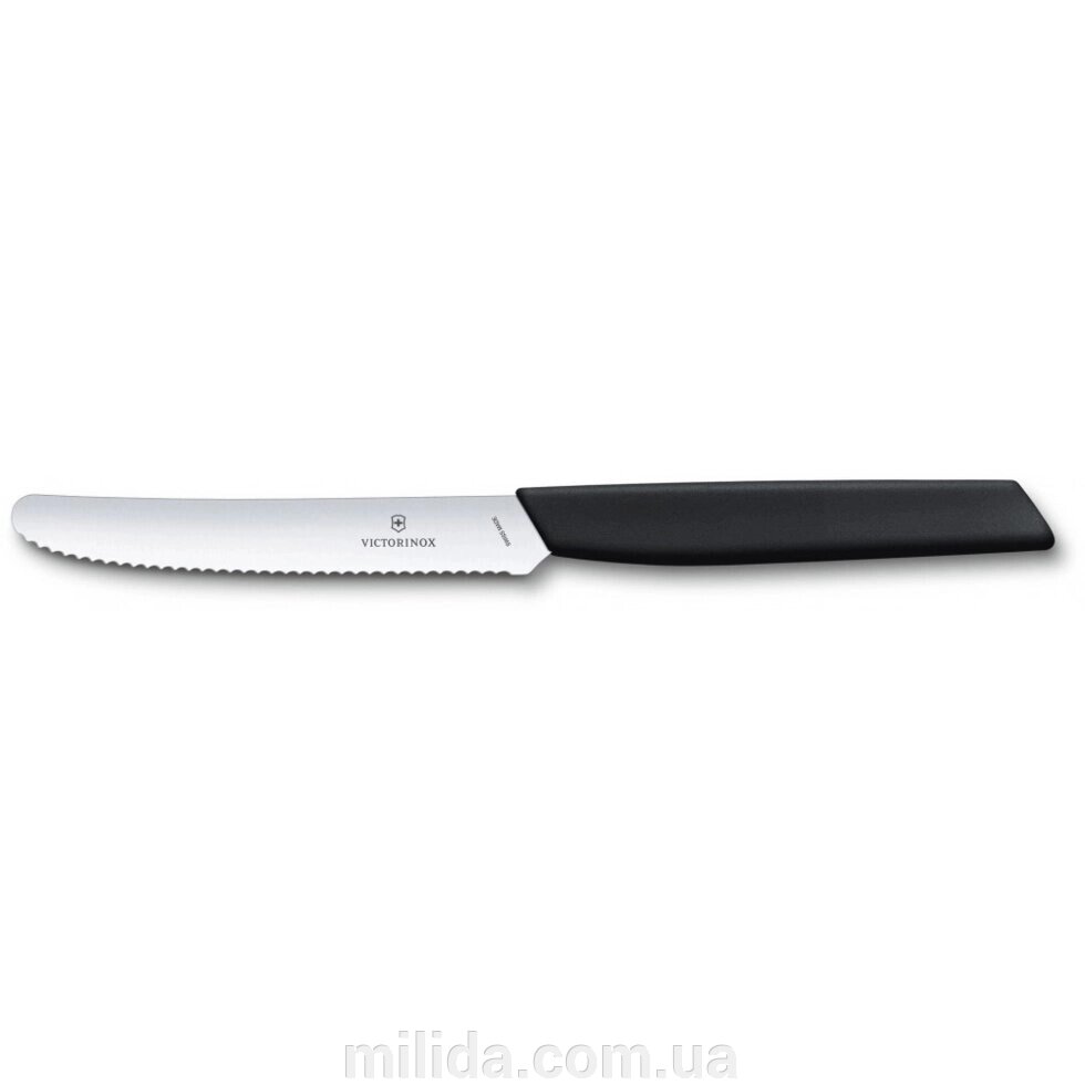 Кухонний ніж Victorinox Swiss Modern Tomato&Sausage 11см закругл. ніс, хвиль. з черн. ручкою Vx69003.11W від компанії інтернет-магазин "_Міліда_" - фото 1