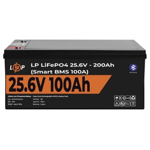 Акумулятор LP LiFePO4 24V (25,6V) - 100 Ah (2560Wh) (Smart BMS 100А) з BT пластик для ДБЖ