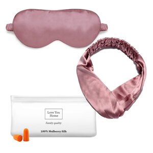 Набір: маска пов'язка для волосся чех беруші Love You Темно-рожевий 100% шовк