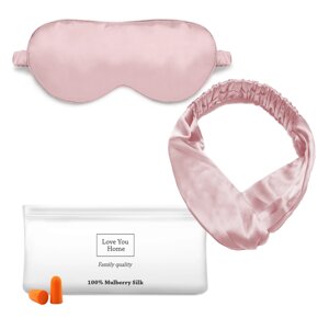 Набір: маска+пов'язка для волосся+чех+беруші Love You Рожевий 100% шовк