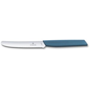 Кухонний ніж Victorinox Swiss Modern Tomato&Sausage 11см закругл. ніс, хвиль. з сін. ручкою Vx69006.11W2