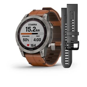 Smart Clock Garmin fenix 7 Sapphire Solar Титан з коричневим шкіряним ремінцем