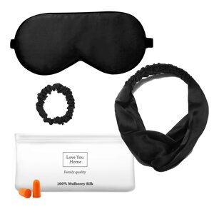 Набір: маска+пов'язка для волосся+гумка+чех+беруші Love You Чорний 100% шовк