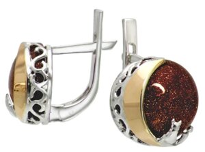 Срібні сережки Кіт на Місяці із золотими вставками та Авантюрином (Золотий пісок) DARIY 089с-19