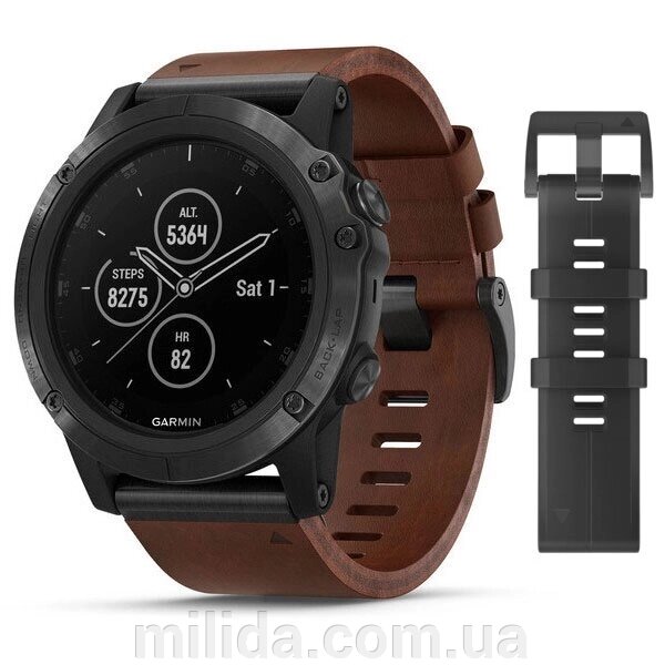 Smart Clock Garmin Fenix 5X Plus Sapphire Сірий із коричневим шкіряним ремінцем від компанії інтернет-магазин "_Міліда_" - фото 1