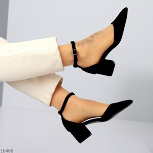 Елегантні жіночі замшеві чорні відкриті туфлі на шлейку середній каблук