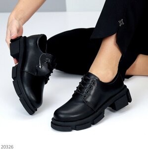 Класичні демісезонні жіночі шкіряні чорні туфлі на шнурівці, натуральна шкіра
