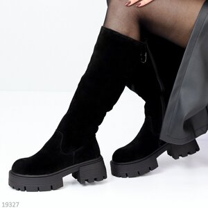 Шикарні замшеві теплі високі чорні чоботи натуральна замша єврозима